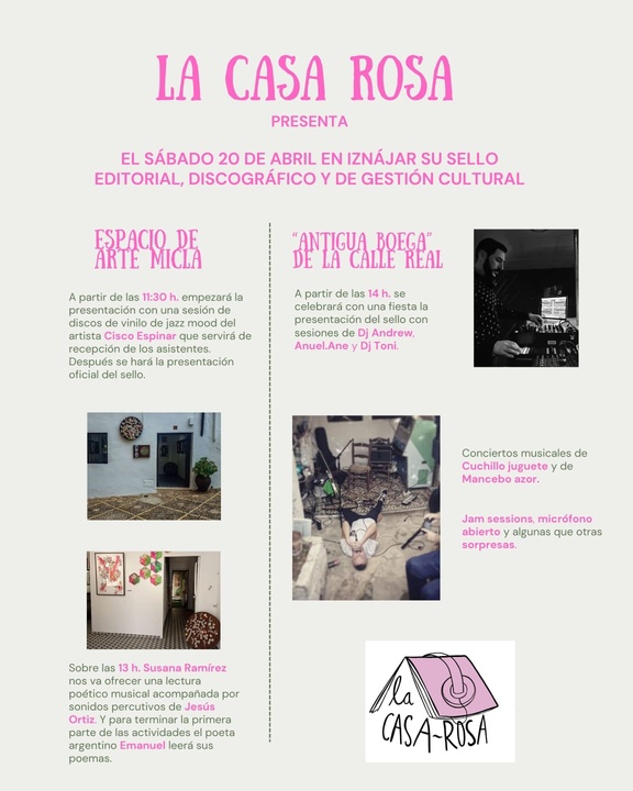 Cartel del evento de presentación del sello La Casa Rosa celebrado el 20 de abril de 2024 en Iznájar.