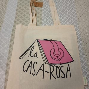 Bolsa de tela ecológica con logo de La Casa Rosa en color rosa y negro