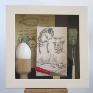 caja poema cerdito el cocinero Luis Manuel García Cruz assemblage dibujo a tinta